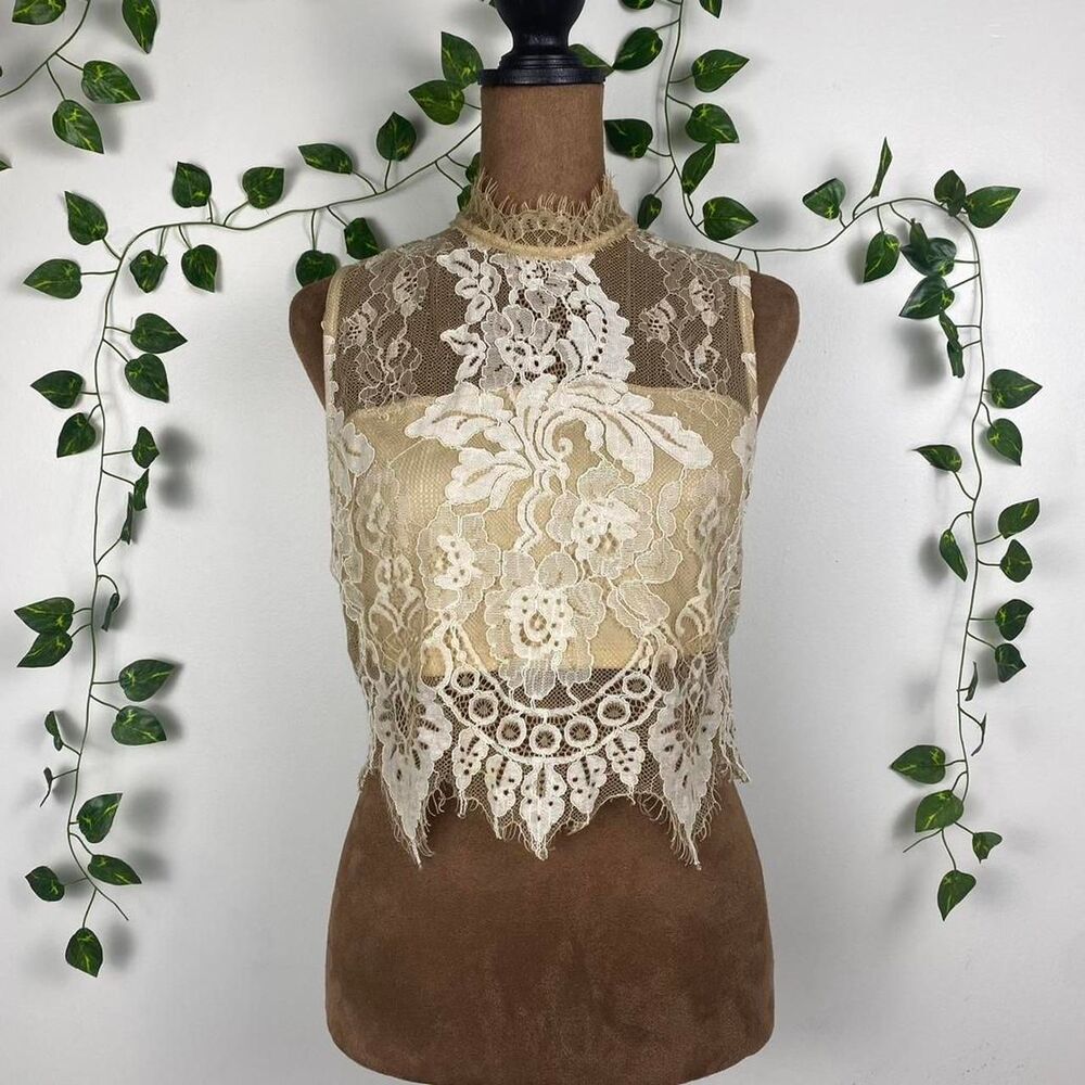 A’gaci vintage-inspired Cream lace top sleeveless high neck sheer boho victorian